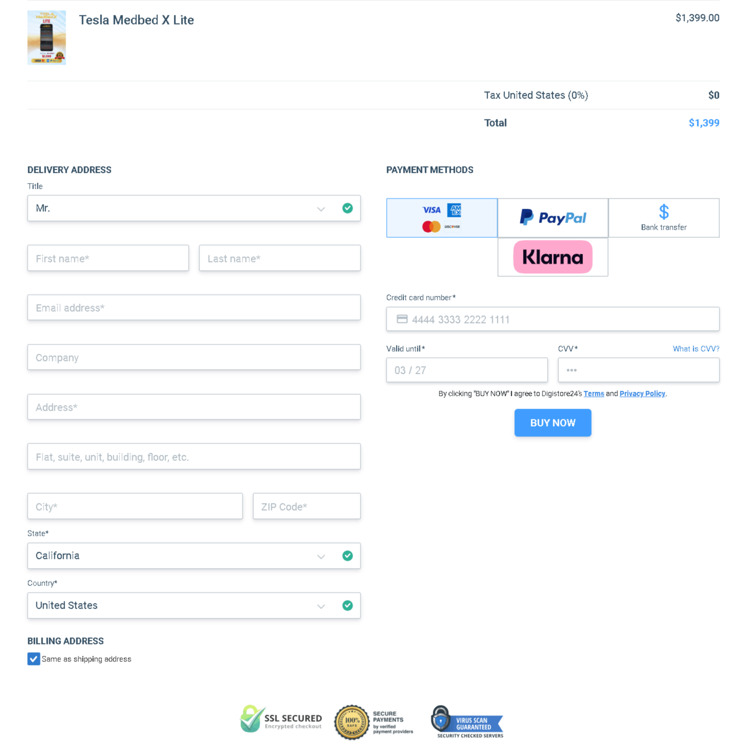 teslamedbedx checkout page